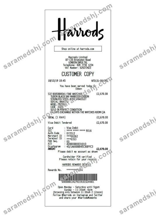 Harrods payment receipt